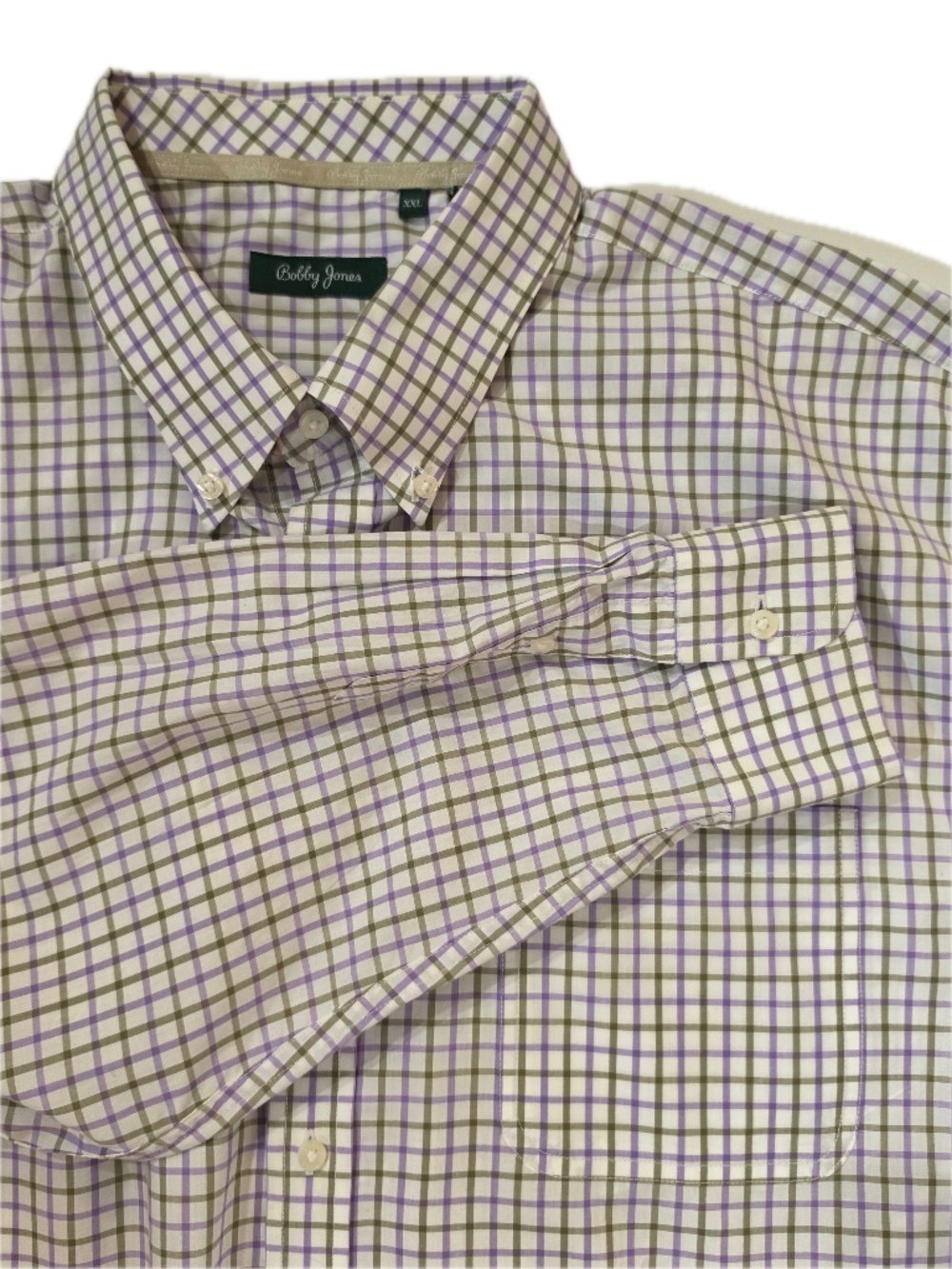 Bobby Jones Dress Shirt Mens 2XL White Plaid Button-Down 100% Cotton Embroidered